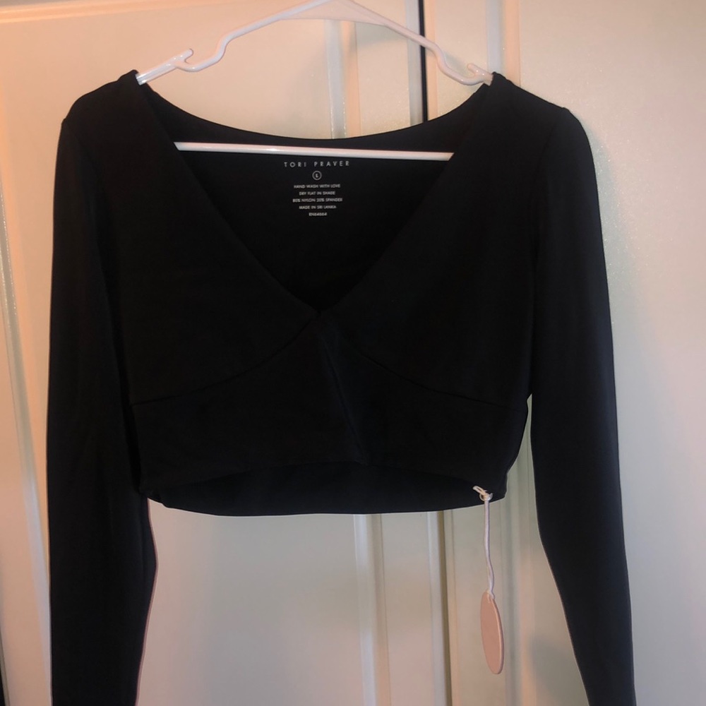 Black Large Nylon/Spandex Tori Praver Long Sleeve Crop Top